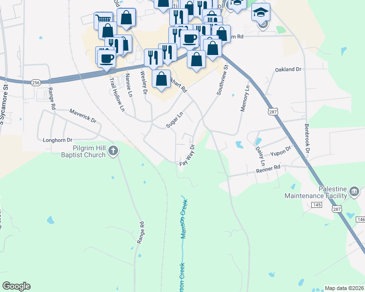 map of restaurants, bars, coffee shops, grocery stores, and more near 1020 Sugar Lane in Palestine