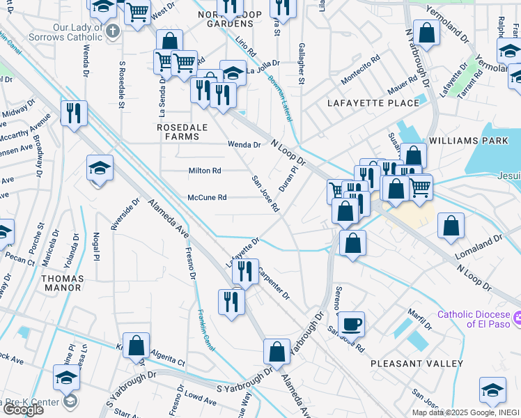 map of restaurants, bars, coffee shops, grocery stores, and more near 348 Kitt Road in El Paso