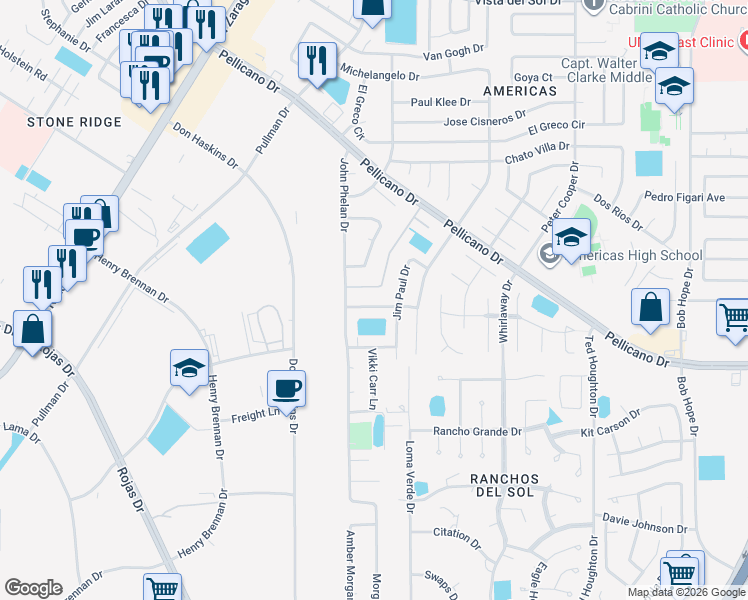 map of restaurants, bars, coffee shops, grocery stores, and more near 1312 John Ring Lane in El Paso