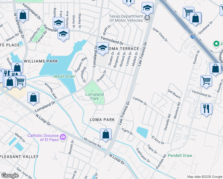 map of restaurants, bars, coffee shops, grocery stores, and more near 8330 Sageland Way in El Paso