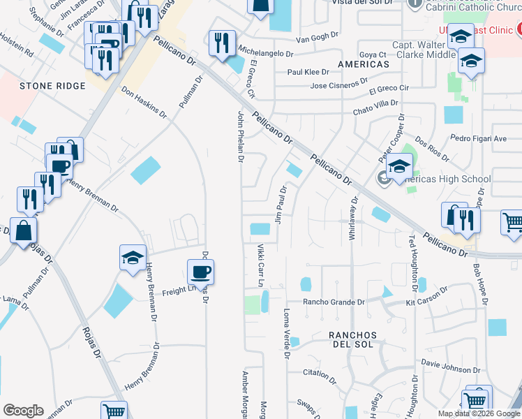 map of restaurants, bars, coffee shops, grocery stores, and more near 1312 John Ring Lane in El Paso