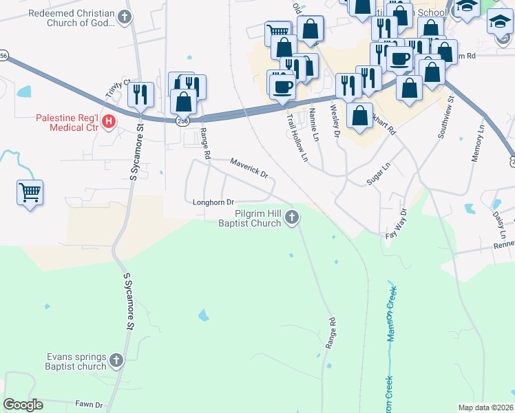 map of restaurants, bars, coffee shops, grocery stores, and more near 145 Long Horn Drive in Palestine