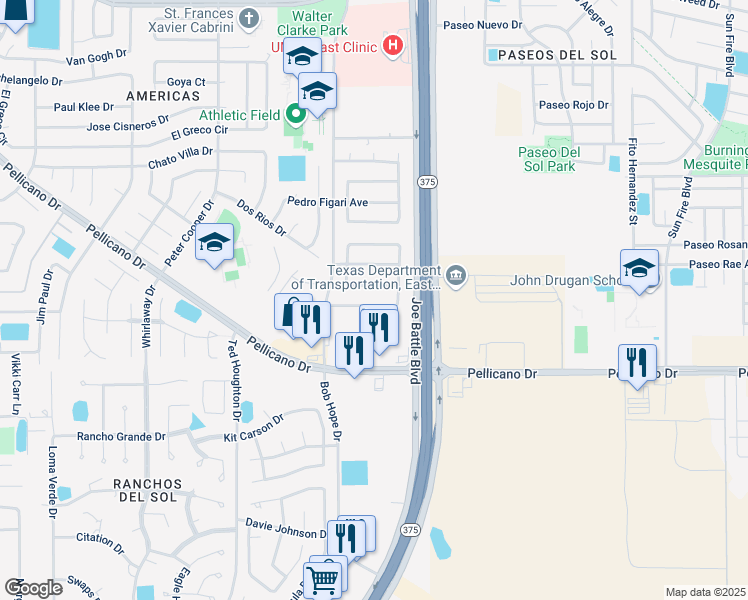 map of restaurants, bars, coffee shops, grocery stores, and more near 12241 Amstater Circle in El Paso