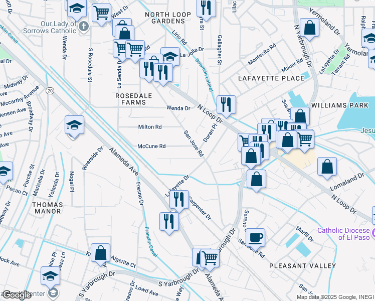 map of restaurants, bars, coffee shops, grocery stores, and more near 7947 San Jose Road in El Paso