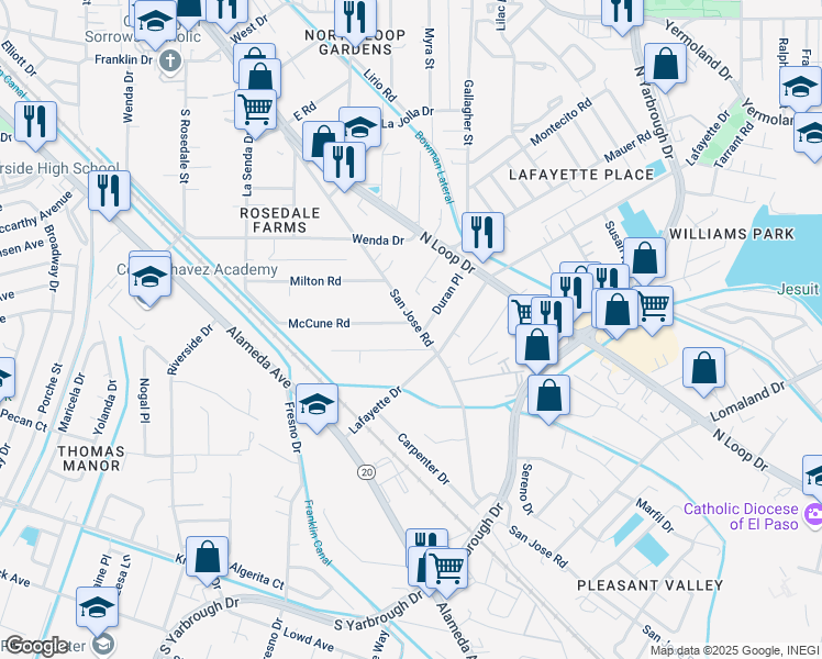 map of restaurants, bars, coffee shops, grocery stores, and more near 7947 San Jose Road in El Paso