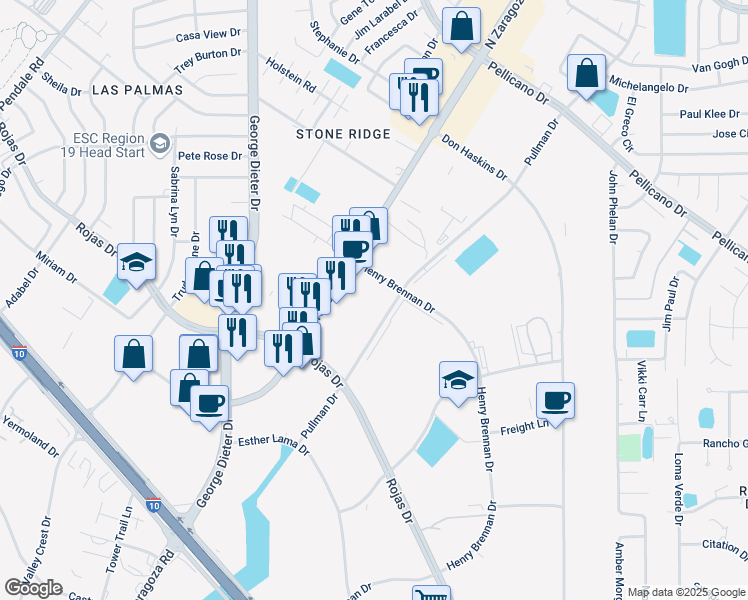 map of restaurants, bars, coffee shops, grocery stores, and more near 1490 Henry Brennan Drive in El Paso