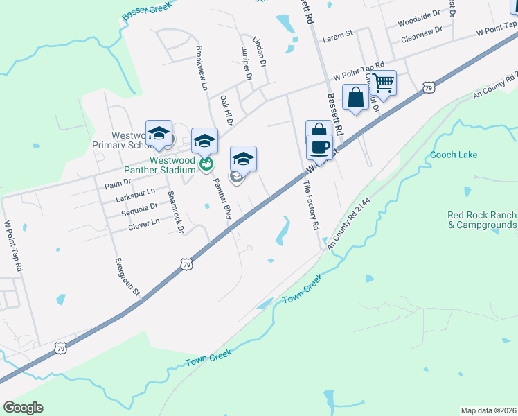 map of restaurants, bars, coffee shops, grocery stores, and more near 4509 West Oak Street in Palestine