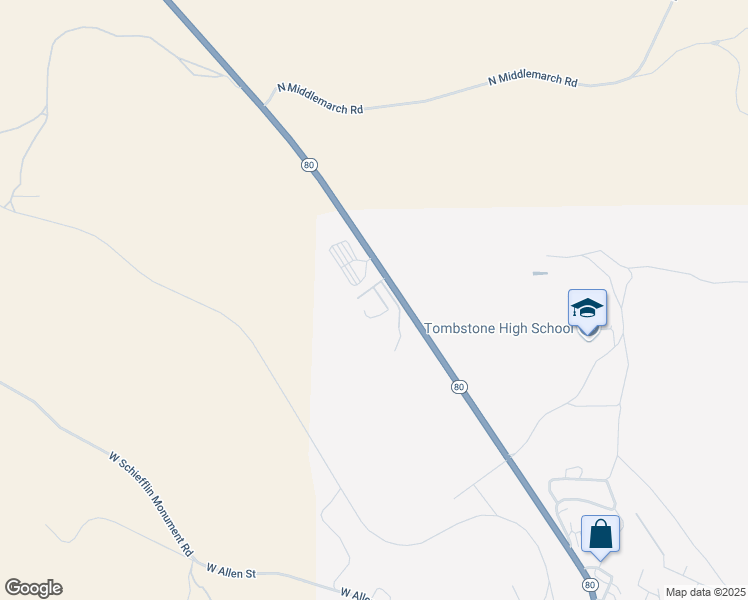 map of restaurants, bars, coffee shops, grocery stores, and more near 1444 North Sunrise Court in Tombstone