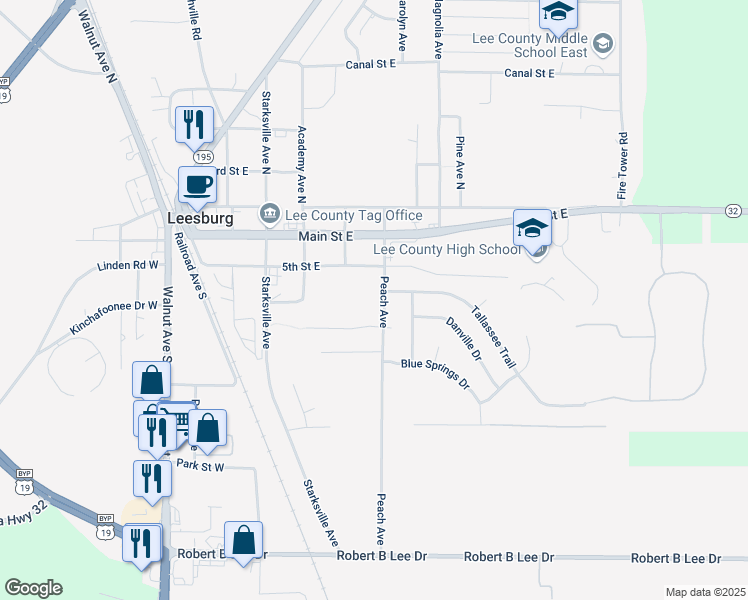 map of restaurants, bars, coffee shops, grocery stores, and more near 124 Peach Avenue in Leesburg