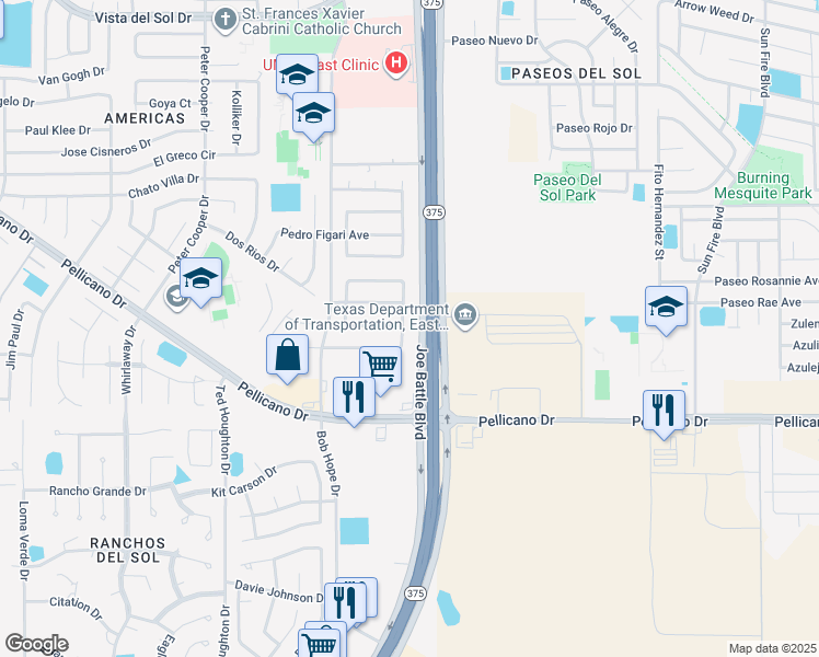 map of restaurants, bars, coffee shops, grocery stores, and more near 12255 Warhol Drive in El Paso