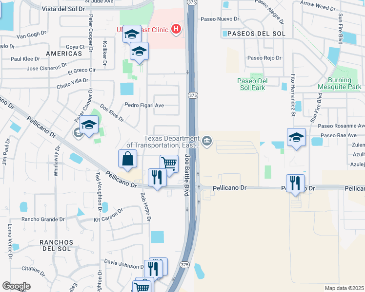 map of restaurants, bars, coffee shops, grocery stores, and more near 12255 Warhol Drive in El Paso