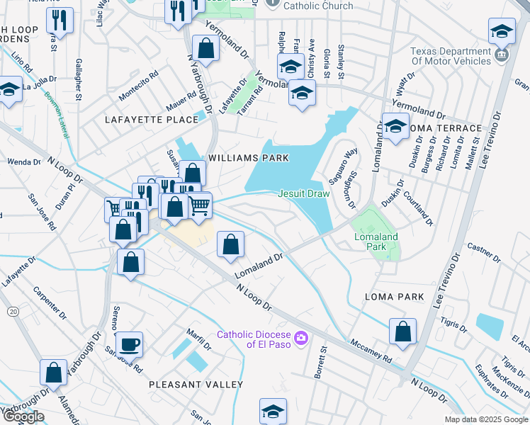 map of restaurants, bars, coffee shops, grocery stores, and more near 615 Knowles Way in El Paso
