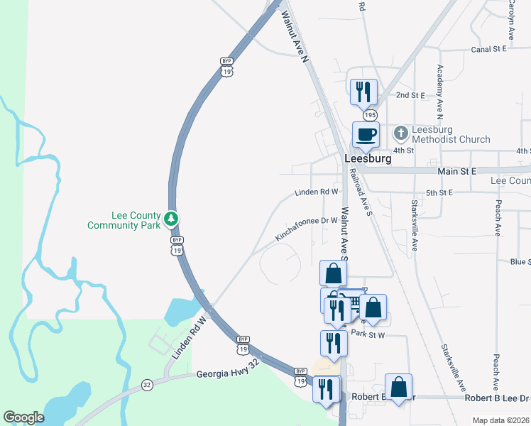 map of restaurants, bars, coffee shops, grocery stores, and more near 160 Linden Road West in Leesburg