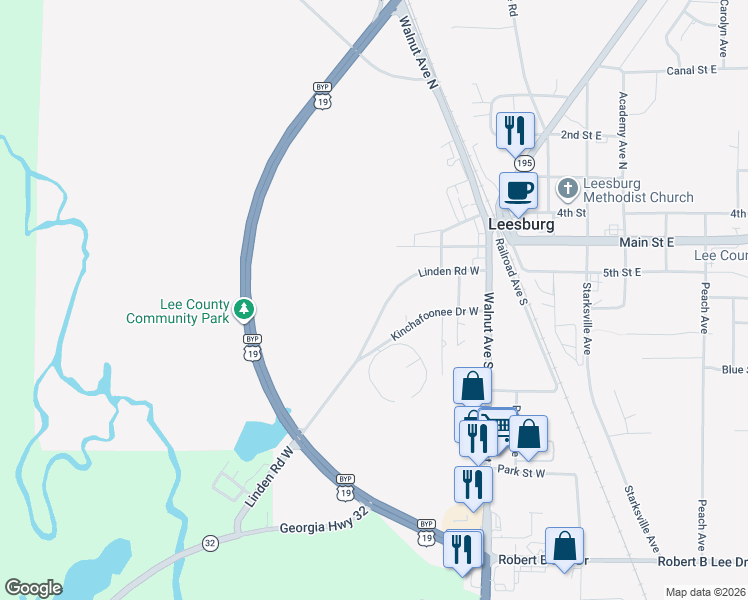 map of restaurants, bars, coffee shops, grocery stores, and more near 160 Linden Road West in Leesburg