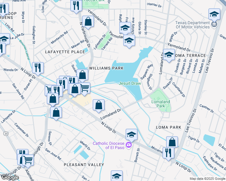 map of restaurants, bars, coffee shops, grocery stores, and more near 615 Knowles Way in El Paso