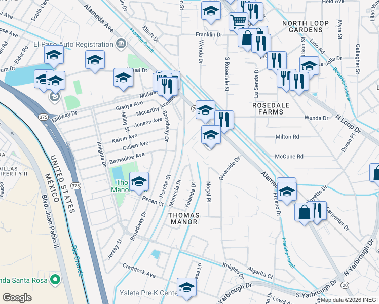 map of restaurants, bars, coffee shops, grocery stores, and more near 204 Yolanda Drive in El Paso