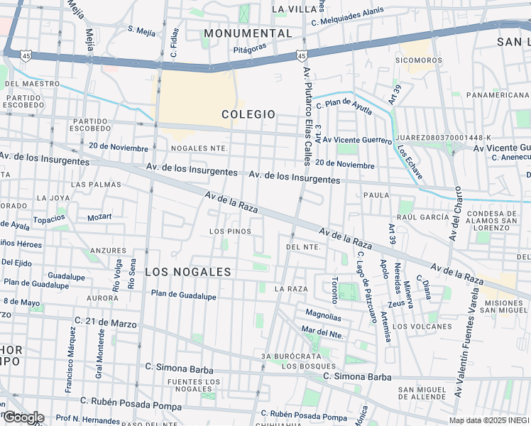 map of restaurants, bars, coffee shops, grocery stores, and more near Avenida de la Raza in Ciudad Juarez