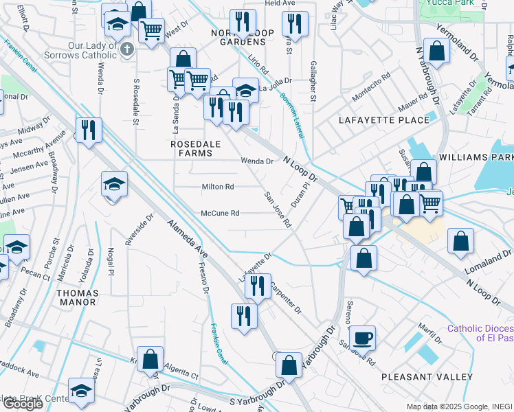 map of restaurants, bars, coffee shops, grocery stores, and more near 371 McCune Road in El Paso