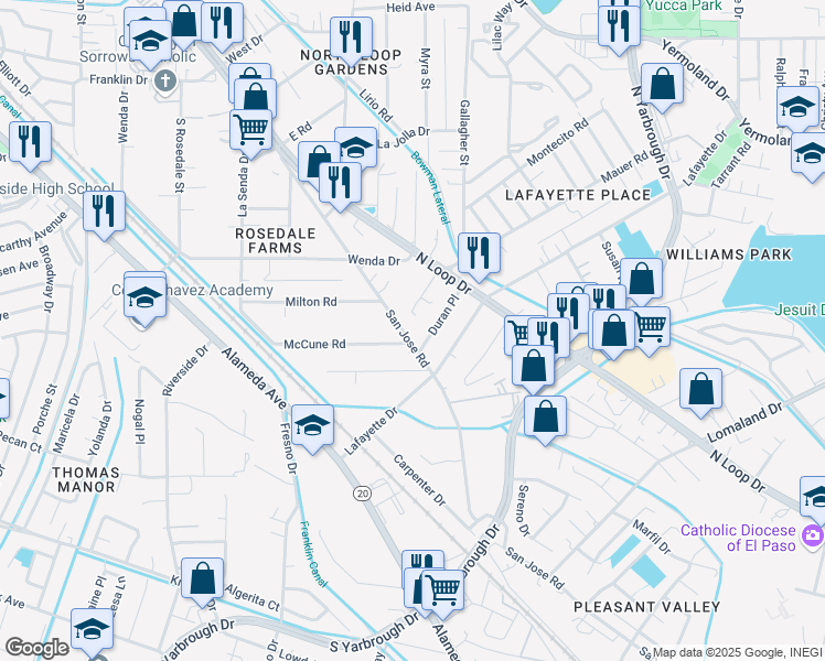 map of restaurants, bars, coffee shops, grocery stores, and more near 7947 San Jose Road in El Paso
