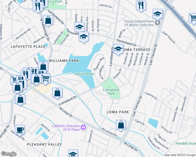 map of restaurants, bars, coffee shops, grocery stores, and more near 8145 Lomita Drive in El Paso