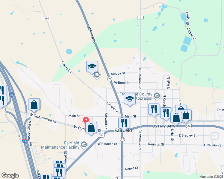 map of restaurants, bars, coffee shops, grocery stores, and more near 327 North Fairway in Fairfield
