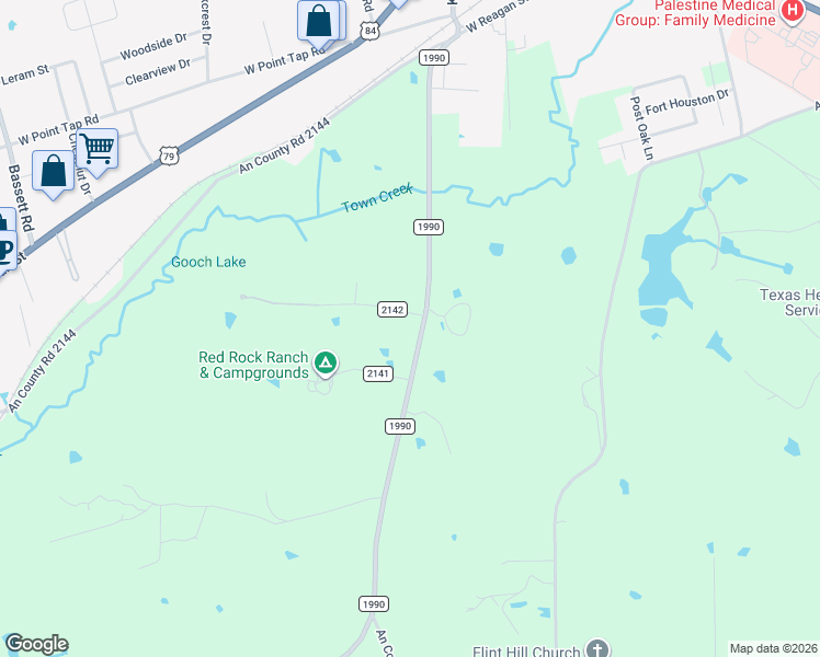 map of restaurants, bars, coffee shops, grocery stores, and more near 105 County Road 2142 in Palestine