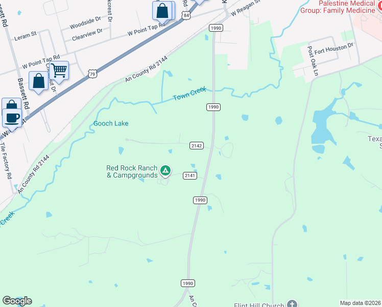 map of restaurants, bars, coffee shops, grocery stores, and more near 105 County Road 2142 in Palestine