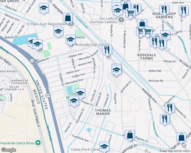 map of restaurants, bars, coffee shops, grocery stores, and more near 7800 Porche Street in El Paso