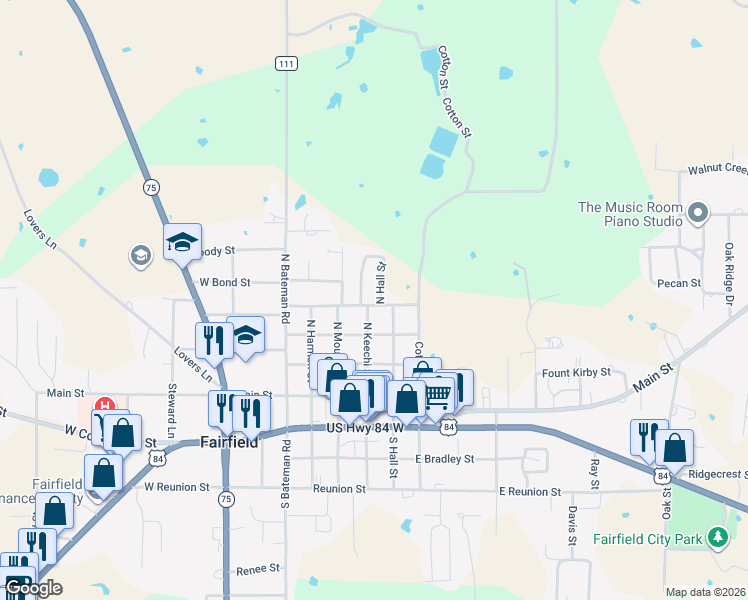 map of restaurants, bars, coffee shops, grocery stores, and more near 403 North Hall Street in Fairfield