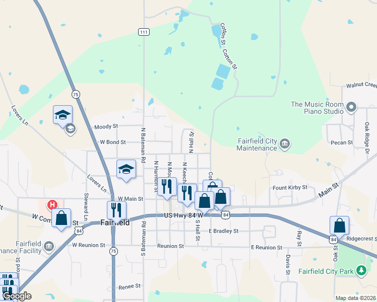 map of restaurants, bars, coffee shops, grocery stores, and more near 403 North Hall Street in Fairfield