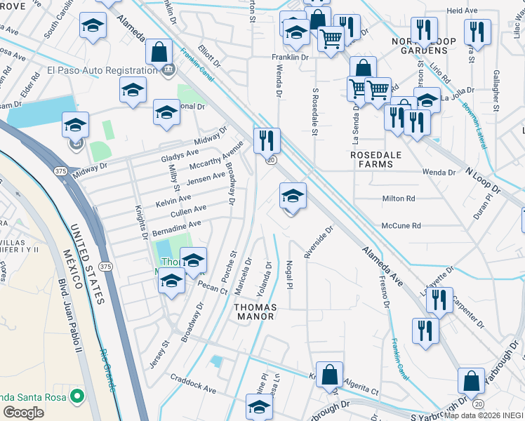 map of restaurants, bars, coffee shops, grocery stores, and more near 204 Yolanda Drive in El Paso