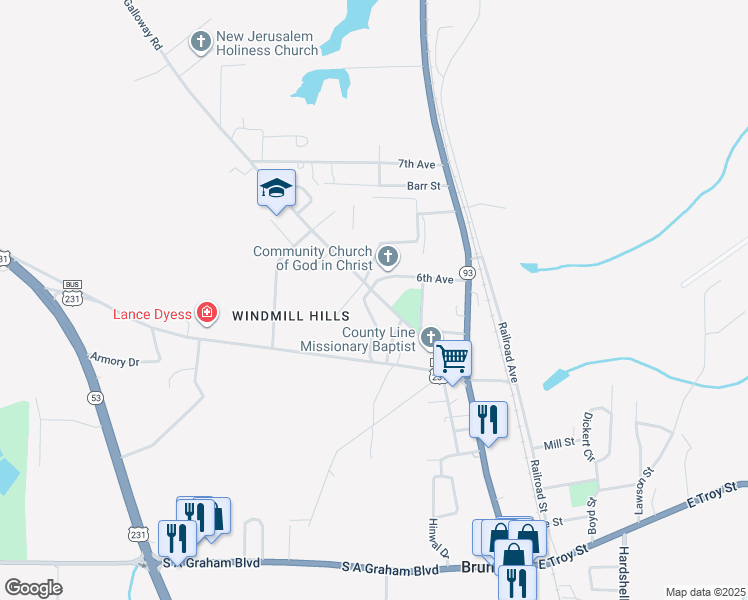 map of restaurants, bars, coffee shops, grocery stores, and more near 513 Galloway Road in Brundidge
