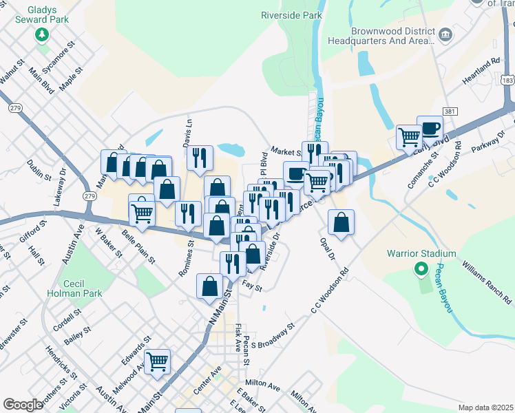 map of restaurants, bars, coffee shops, grocery stores, and more near 103 Market Place Boulevard in Brownwood