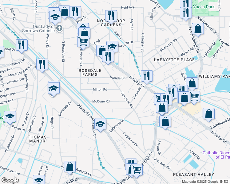 map of restaurants, bars, coffee shops, grocery stores, and more near 371 McCune Road in El Paso