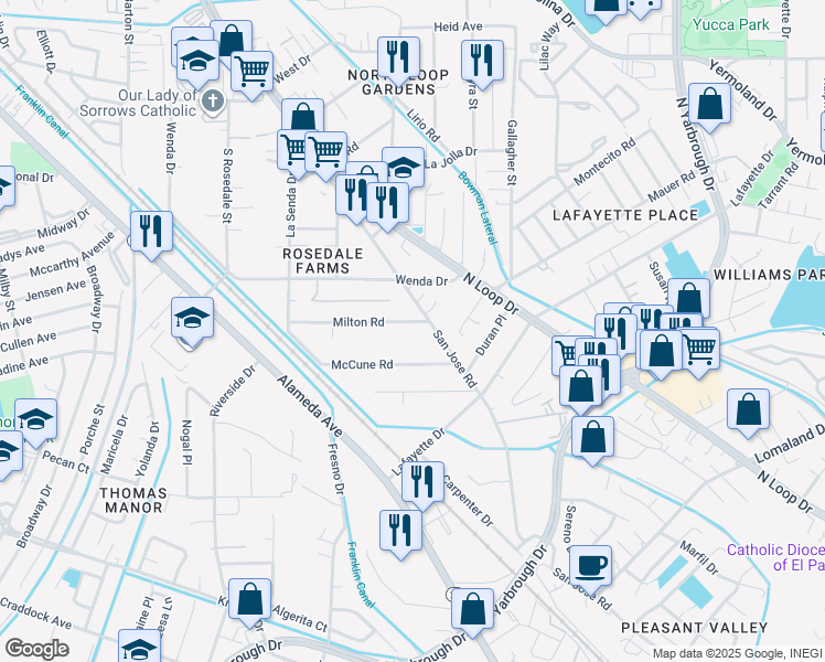map of restaurants, bars, coffee shops, grocery stores, and more near 371 McCune Road in El Paso