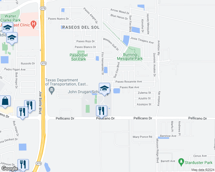 map of restaurants, bars, coffee shops, grocery stores, and more near 12517 Paseo Rae Avenue in El Paso