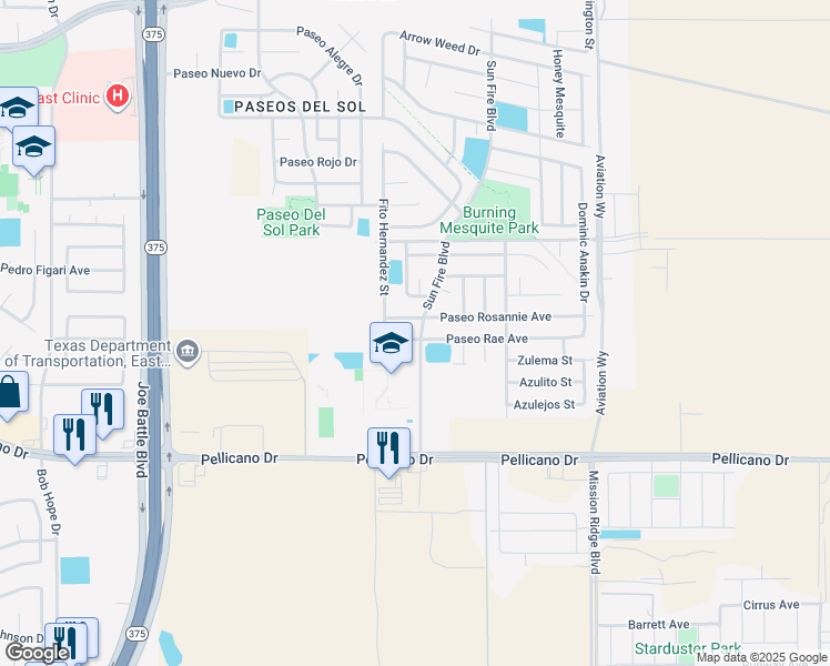 map of restaurants, bars, coffee shops, grocery stores, and more near 12525 Paseo Rae Avenue in El Paso