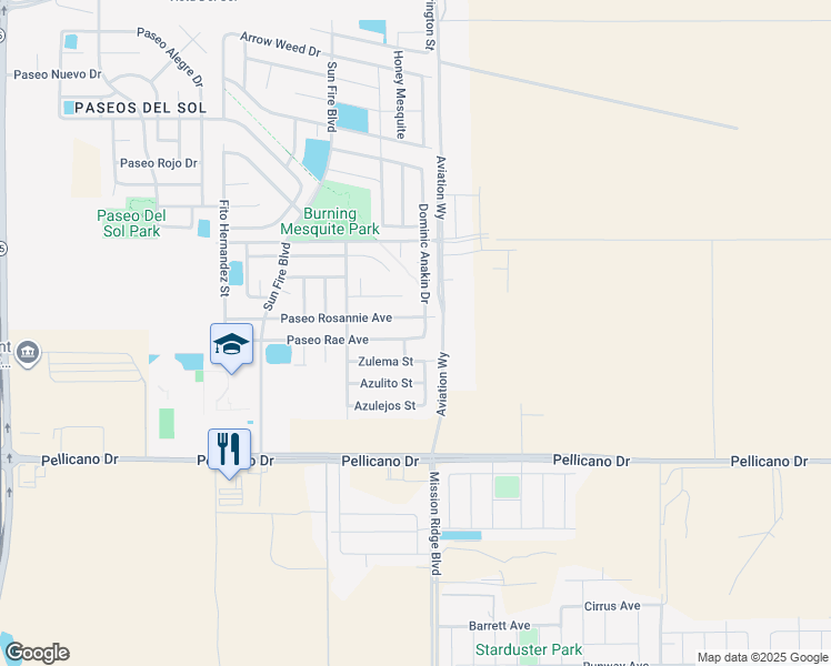 map of restaurants, bars, coffee shops, grocery stores, and more near 12665 Paseo Rosannie Avenue in El Paso