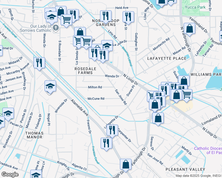 map of restaurants, bars, coffee shops, grocery stores, and more near 7912 San Jose Road in El Paso