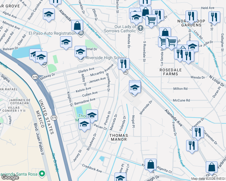 map of restaurants, bars, coffee shops, grocery stores, and more near 7733 Broadway Drive in El Paso