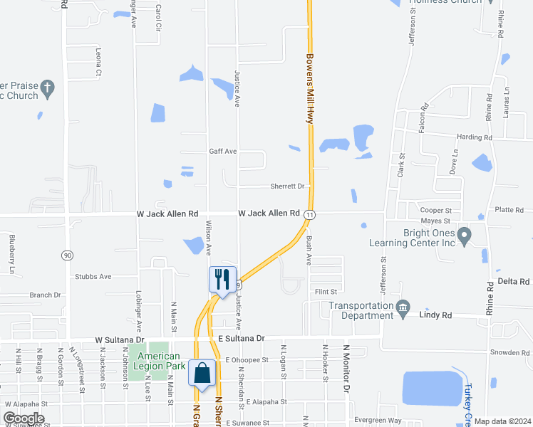 map of restaurants, bars, coffee shops, grocery stores, and more near 125 West Jack Allen Road in Fitzgerald