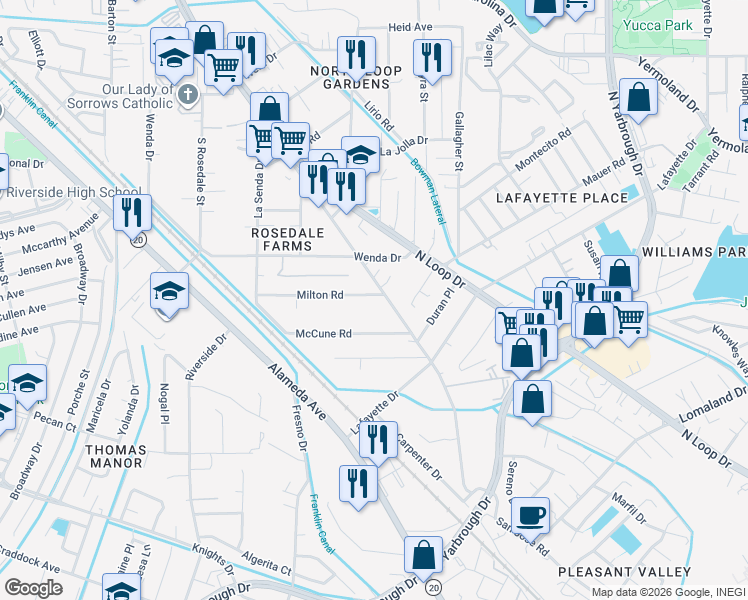 map of restaurants, bars, coffee shops, grocery stores, and more near 7912 San Jose Road in El Paso