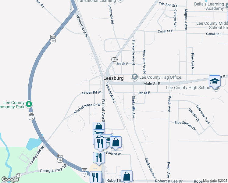 map of restaurants, bars, coffee shops, grocery stores, and more near Courthouse Avenue in Leesburg