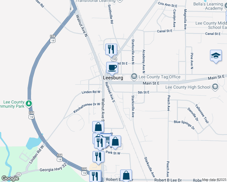 map of restaurants, bars, coffee shops, grocery stores, and more near Courthouse Avenue in Leesburg