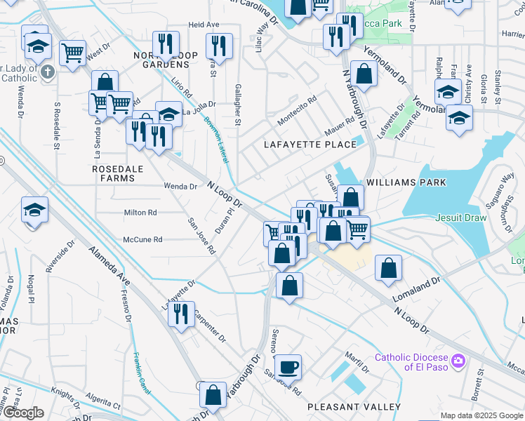 map of restaurants, bars, coffee shops, grocery stores, and more near 8001 North Loop Drive in El Paso