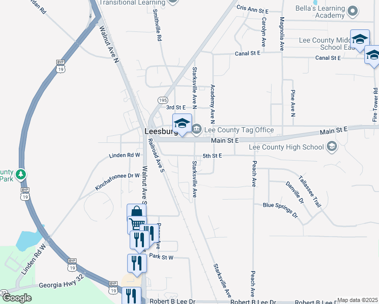 map of restaurants, bars, coffee shops, grocery stores, and more near 100 Starksville Avenue in Leesburg