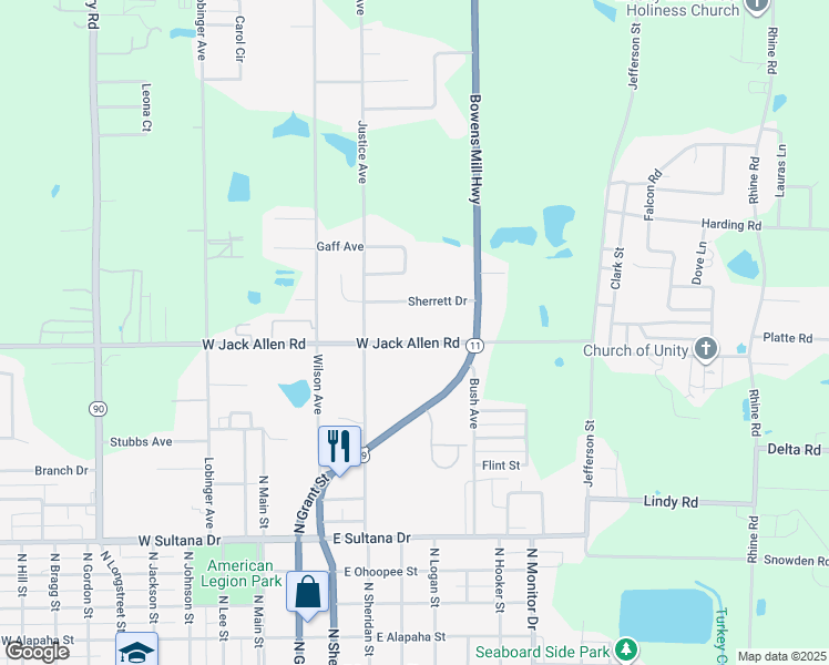 map of restaurants, bars, coffee shops, grocery stores, and more near 125 West Jack Allen Road in Fitzgerald