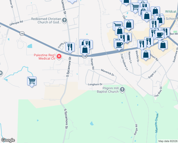 map of restaurants, bars, coffee shops, grocery stores, and more near 102 Long Horn Drive in Palestine