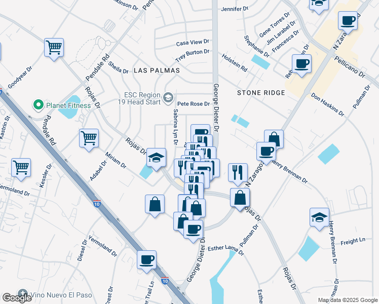 map of restaurants, bars, coffee shops, grocery stores, and more near 1348 Trudy Elaine Drive in El Paso
