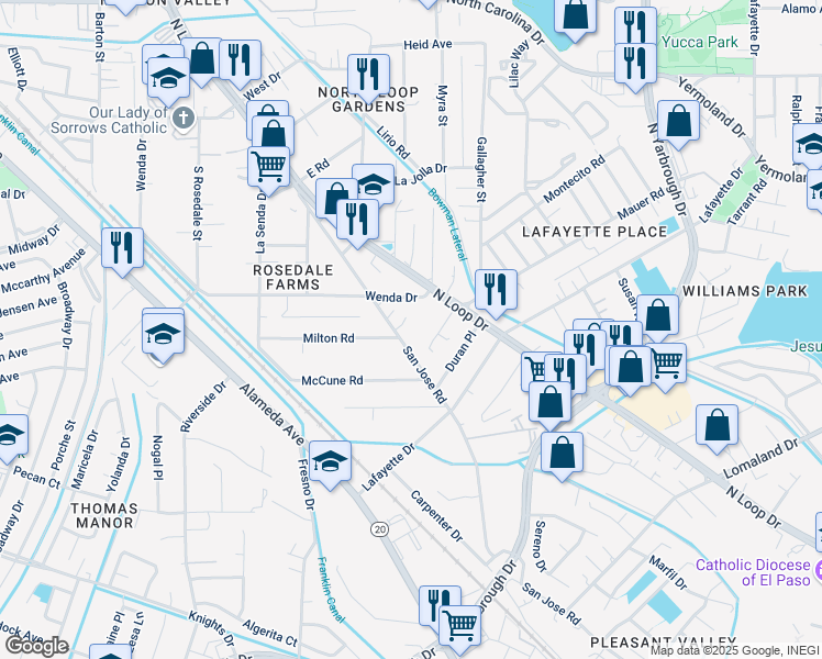 map of restaurants, bars, coffee shops, grocery stores, and more near 425 Bates Way in El Paso